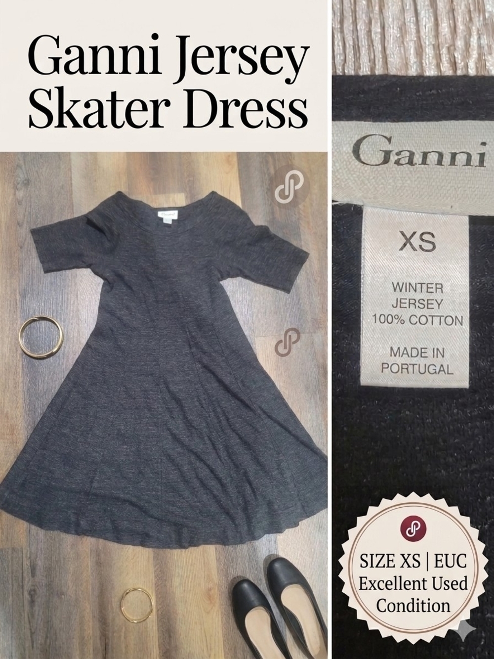 GANNI Charcoal Gray Cotton Jersey Skater Dress Sz XS EUC